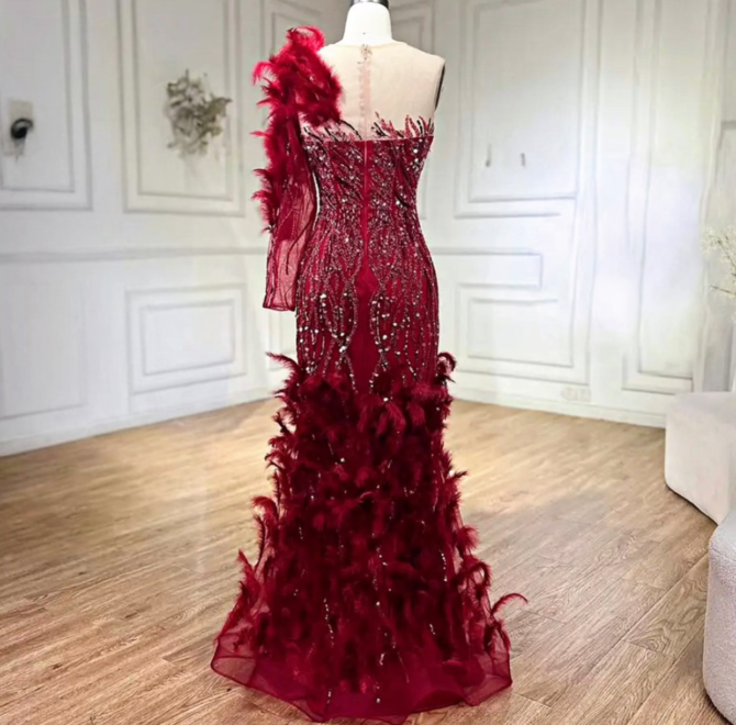 Wine Feathered One Sleeve Embellished dress - Image 2